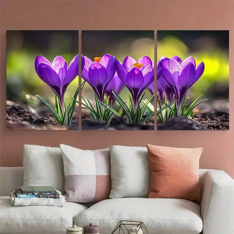 3pcs Vibrant Blooming Purple Crocus Illustration Metal Print Ready to Hang Art