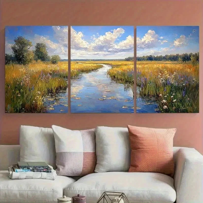 3pcs Nature Open Field Swamp Landscape with River Metal Print Ready to Hang Art