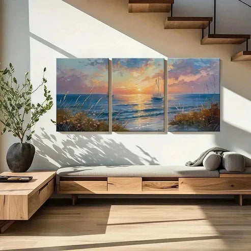 3pcs Golden Hour Sky Calm Sea and Wildflowers Wall Art Set Canvas Unframed - High Quality Print 100% Australian Made Wall Canvas