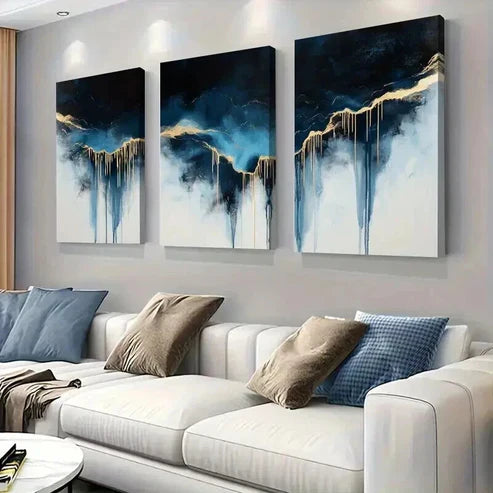 3pcs Abstract Blue & Golden Drip Painting Perfect Wall Art Canvas Unframed – High Quality Print 100% Australian Made Wall Canvas