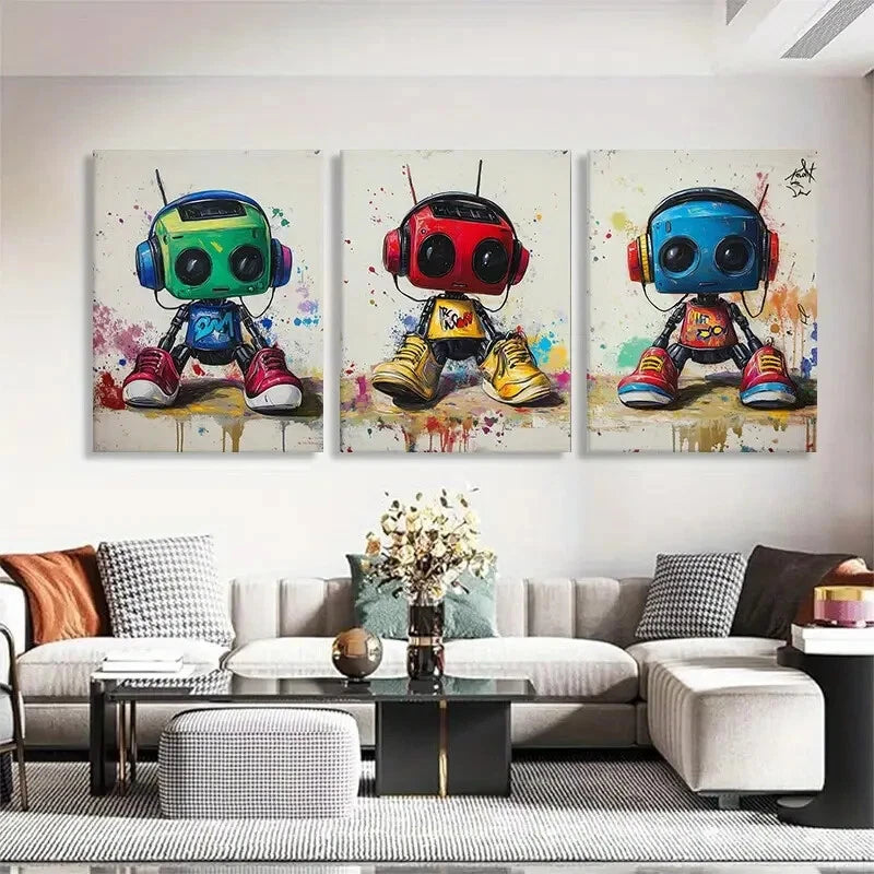 3pcs Playful Robot Figures Cheerful Car Perfect Wall Art Set Canvas Framed 40x60cm - High Quality Print 100% Australian Made Wall Canvas Ready to Hang