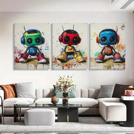 3pcs Playful Robot Figures Cheerful Car Perfect Wall Art Set Canvas Framed 40x60cm - High Quality Print 100% Australian Made Wall Canvas Ready to Hang