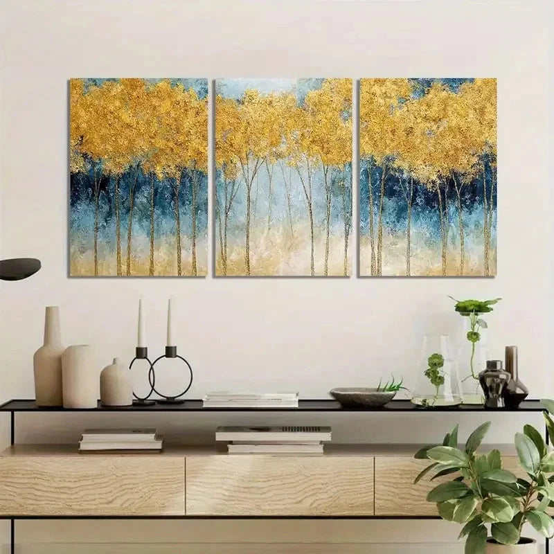 3pcs Golden Forest Landscape with Blue Accents Metal Print Ready to Hang Art