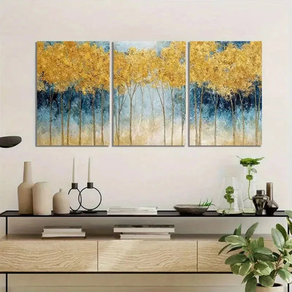 3pcs Golden Forest Landscape with Blue Accents Metal Print Ready to Hang Art