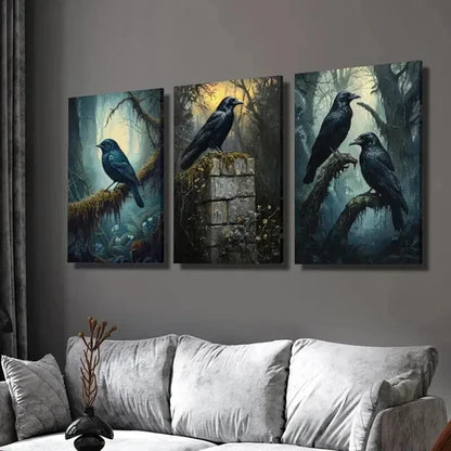 3pcs Gothic Forest Triptych with Crow Wall Art Set Canvas Unframed - High Quality Print 100% Australian Made Wall Canvas