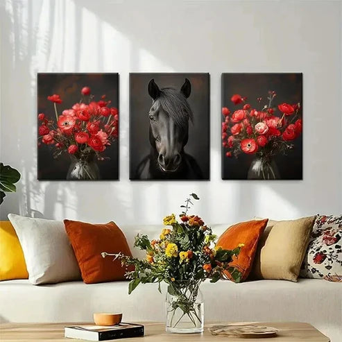 3pcs Majestic Black Horse and Red Floral Perfect Wall Art Set Canvas Unframed - High Quality Print 100% Australian Made Wall Canvas