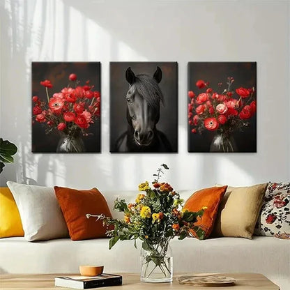 3pcs Majestic Black Horse and Red Floral Perfect Wall Art Set Canvas Unframed - High Quality Print 100% Australian Made Wall Canvas