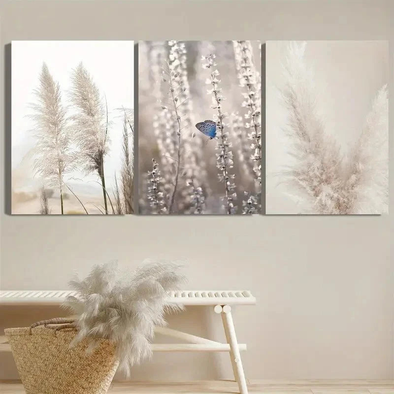 3pcs Grass Hay & Butterfly Nature Scene Metal Print Ready to Hang Art