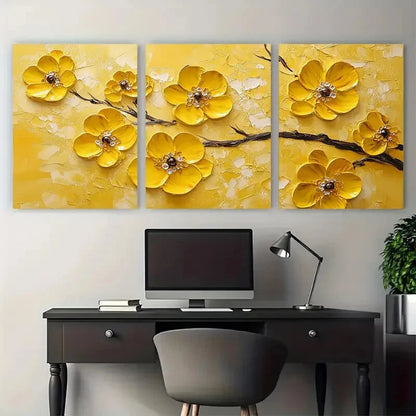 3pcs Vibrant Yellow Blossom Floral Texture Metal Print Ready to Hang Art
