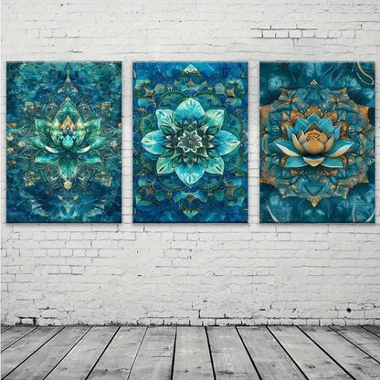 3pcs Symmetrical Floral & Geometric Patterns Metal Print Ready to Hang Art