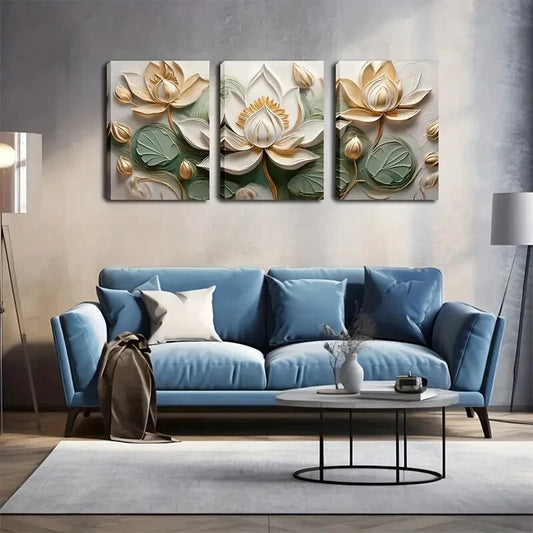 3pcs Golden & Green Flower Triptych Perfect Wall Art Set Canvas Framed 40x60cm - High Quality Print 100% Australian Made Wall Canvas Ready to Hang