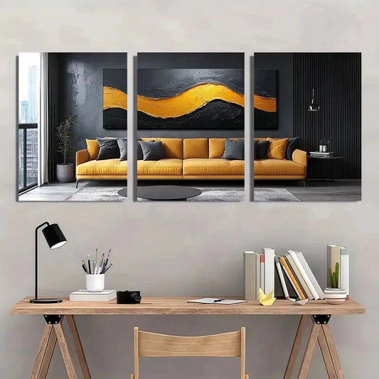 3pcs Chic Black Abstract Yellow Wall Art Set Canvas Framed 40x60cm - High Quality Print 100% Australian Made Wall Canvas Ready to Hang