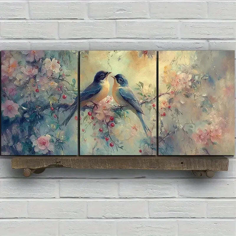 3pcs Birds on Blackberry Flowers Pink Metal Print Ready to Hang Art