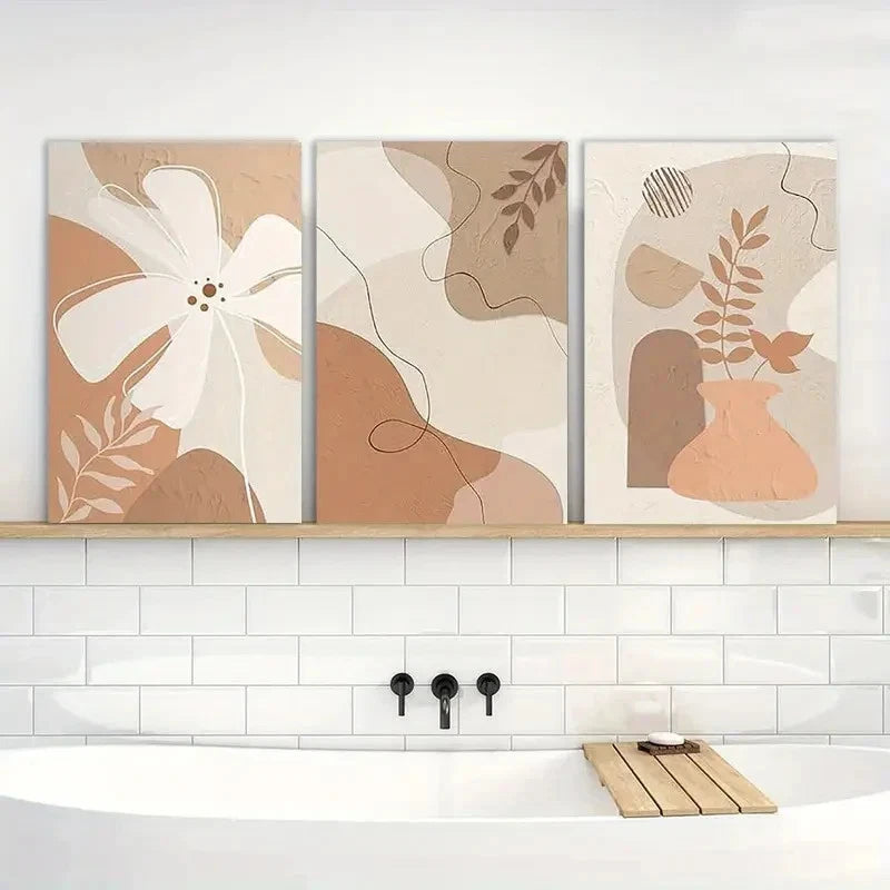 3pcs Floral & Geometric Designs Beige & Brown TonesMetal Print Ready to Hang Art