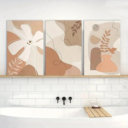3pcs Floral & Geometric Designs Beige & Brown TonesMetal Print Ready to Hang Art