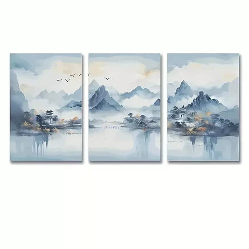 3pcs Modern Blue Abstract Mountain Murals Canvas Unframed - High Quality Print 100% Australian Made Wall Canvas