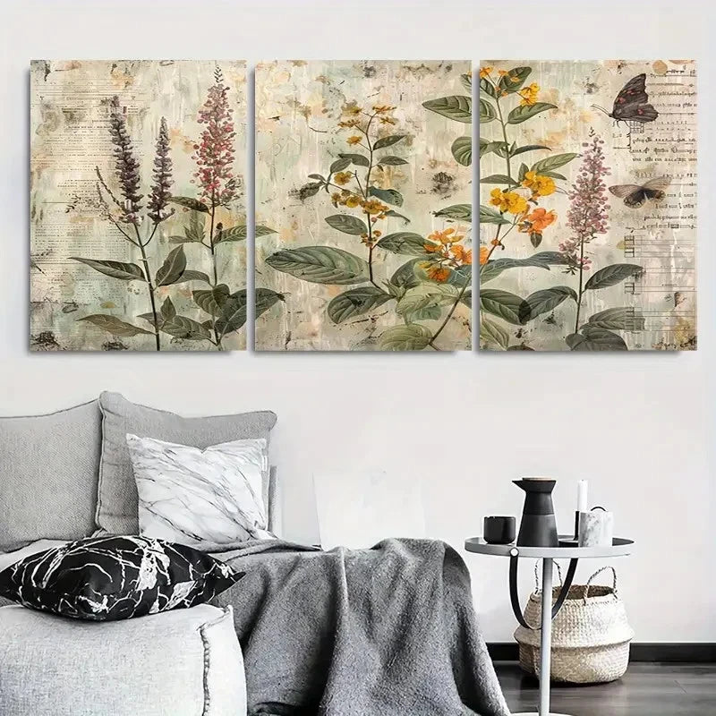 3pcs Vintage Botanical Flowers & Butterflies Metal Print Ready to Hang Art