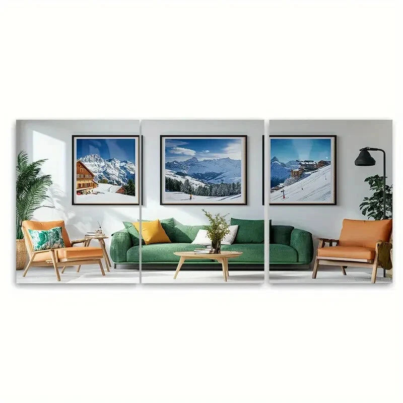 3pcs Swiss Alps Ski Scene &Serene Alpine Landscape Metal Print Ready to Hang Art