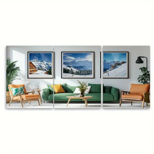 3pcs Swiss Alps Ski Scene &Serene Alpine Landscape Metal Print Ready to Hang Art