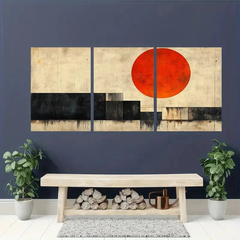 3pcs Black Orange Beige Geometric Design Metal Print Ready to Hang Art