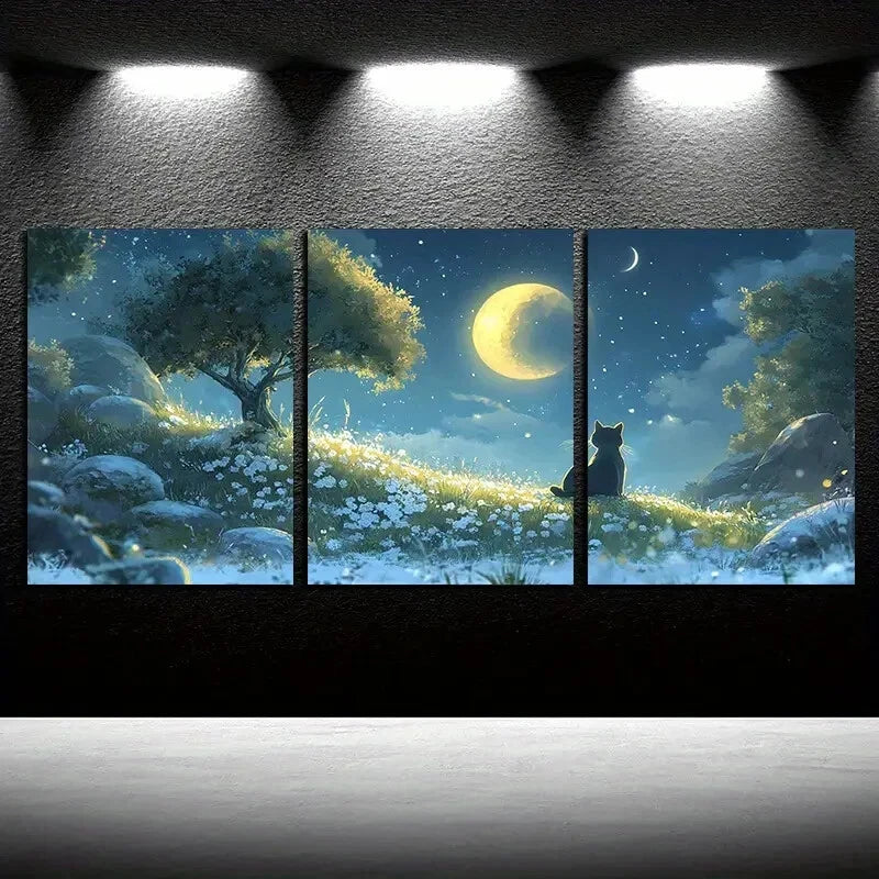 3pcs Cat on The Field Under The Moon Night Design Metal Print Ready to Hang Art