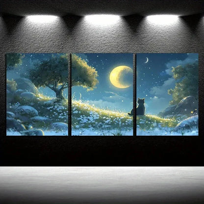 3pcs Cat on The Field Under The Moon Night Design Metal Print Ready to Hang Art