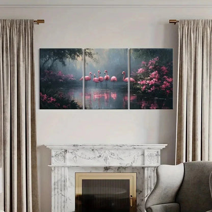 3pcs Artistic Flamingo Pond Pink Flowers Metal Print Ready to Hang Art