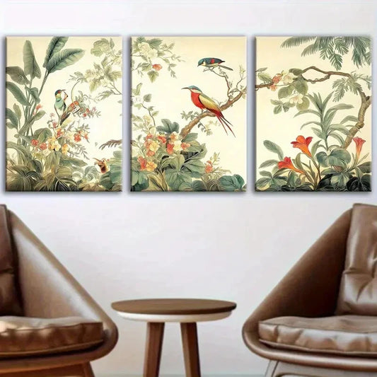 3pcs Vibrant Abstract Flowers Birds Perfect Wall Art Set Canvas Framed 40x60cm - High Quality Print 100% Australian Made Wall Canvas Ready to Hang