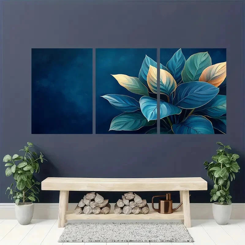 3pcs Vibrant Blue & Golden Calathea Plant Metal Print Ready to Hang Art