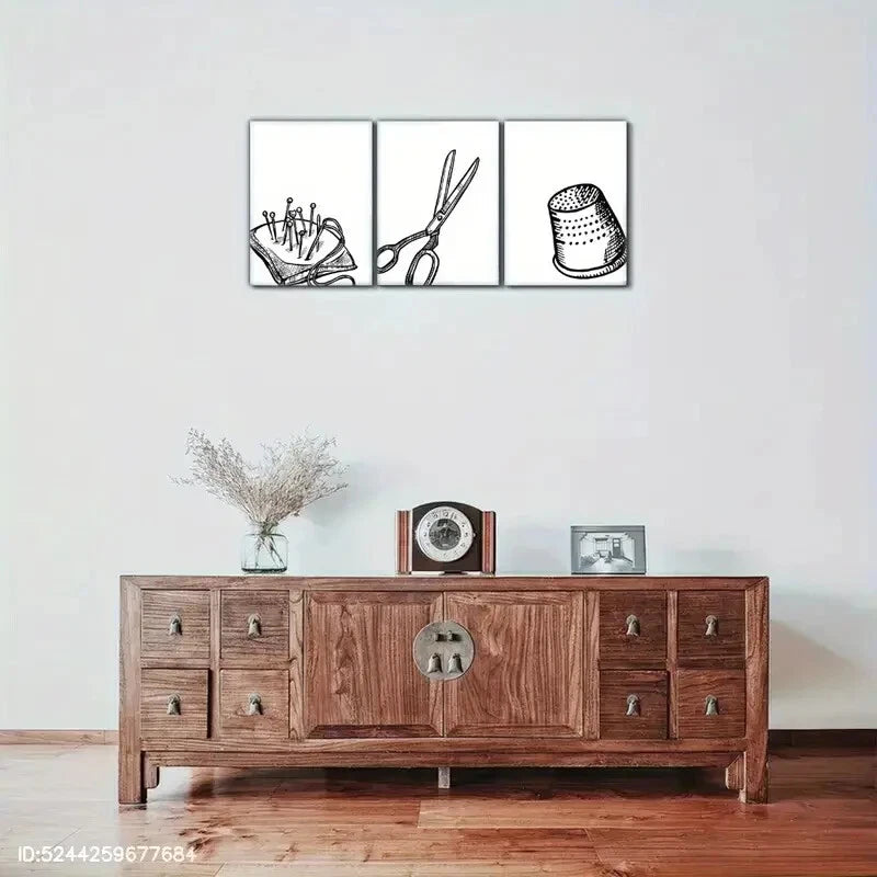 3pcs Sewing Needles Scissors Bucket Sewing Art Metal Print Ready to Hang Art