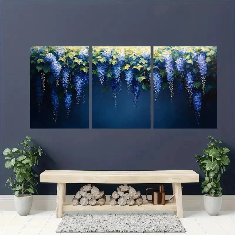 3pcs Wisteria Flower Blue & White Vine Design Metal Print Ready to Hang Art