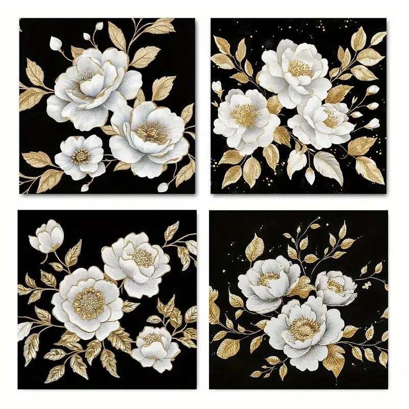 4pcswhite and Golden flowerWall Art Canvas Framed