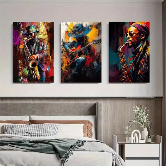 3pcs Vibrant Abstract Saxophone & Guitar Perfect Wall Art Set Canvas Framed 40x60cm - High Quality Print 100% Australian Made Wall Canvas Ready to Hang