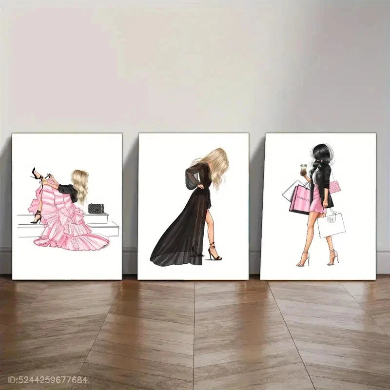 3pcs Shopping Girl Holding Bags And Coffee Metal Print Ready to Hang Art