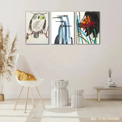 3pcs One- Eyed Owl Antique Crane Watercolor Paint Metal Print Ready to Hang Art