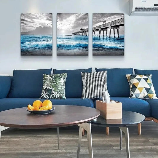 3pcs Black and White Ocean Waves Seagulls Sunset Metal Print Ready to Hang Art