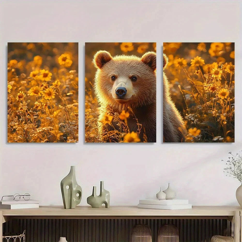 3pcs Adorable Brown Bear Animal Sunflowers Metal Print Ready to Hang Art