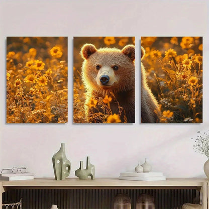 3pcs Adorable Brown Bear Animal Sunflowers Metal Print Ready to Hang Art
