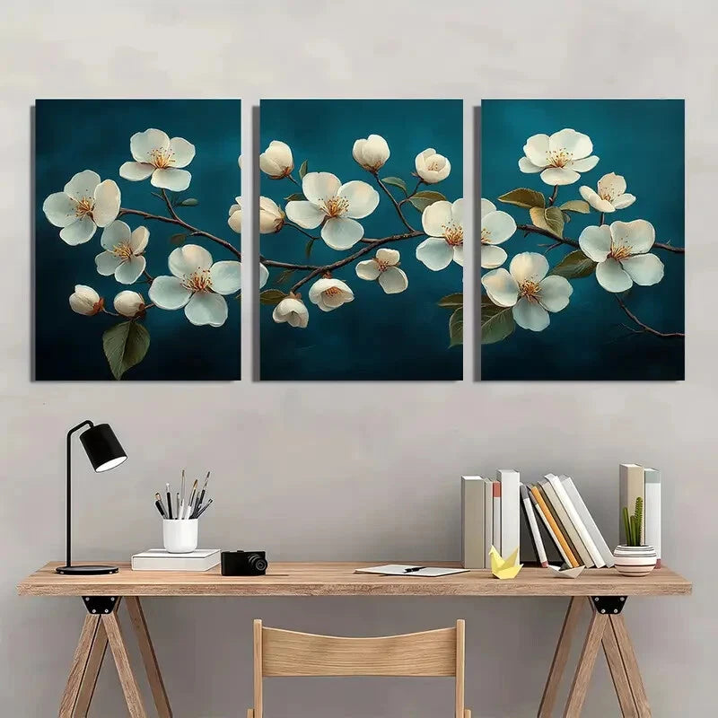 3pcs Elegant White Blossoms on Dark Background Metal Print Ready to Hang Art