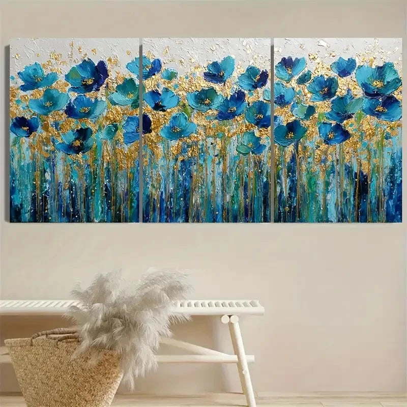 3pcs Color Floral Blue And Golden Tones Artwork Wall Art Set Canvas Framed 60x90cm - High Quality Print 100% Australian Made Wall Canvas Ready to Hang