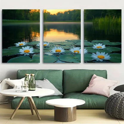 3pcs Serene Pond with Wild Daisies in Bloom Peace Metal Print Ready to Hang Art
