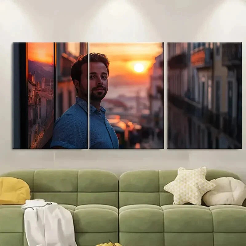 3pcs Vibrant Lisbon Tram Sunset Travel Poster Metal Print Ready to Hang Art