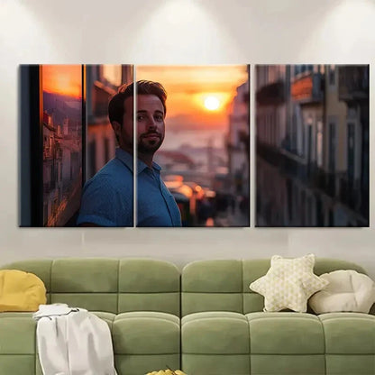 3pcs Vibrant Lisbon Tram Sunset Travel Poster Metal Print Ready to Hang Art