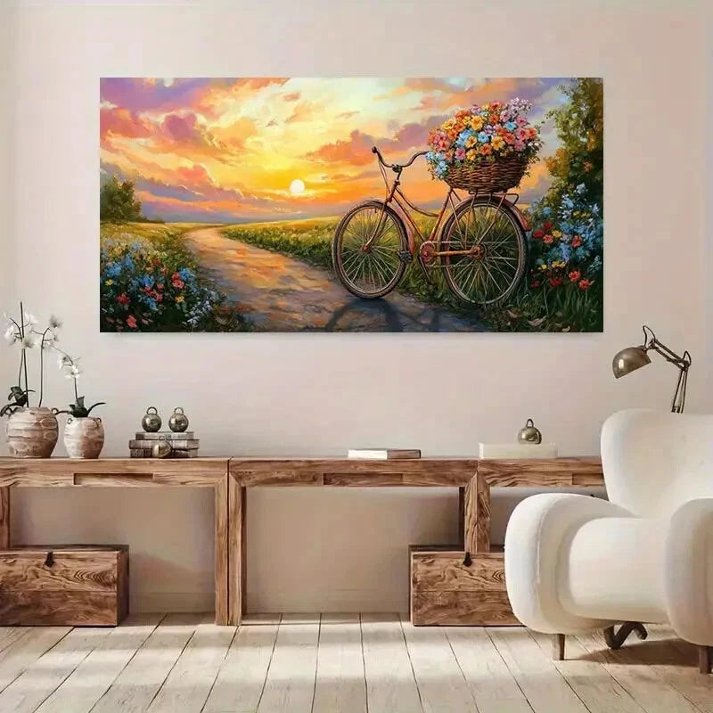 Bicycle with Flowers Path wall canvas office home room framed 120x60cm - Bella Home Decor