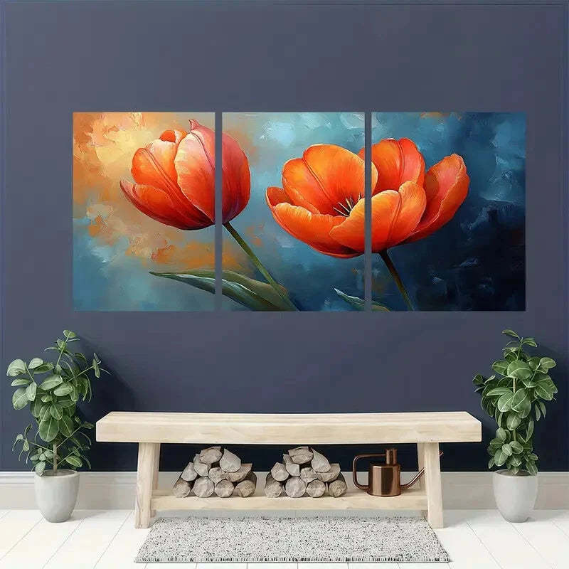 3pcs Vibrant Orange & Red Tulips with Sunset Metal Print Ready to Hang Art