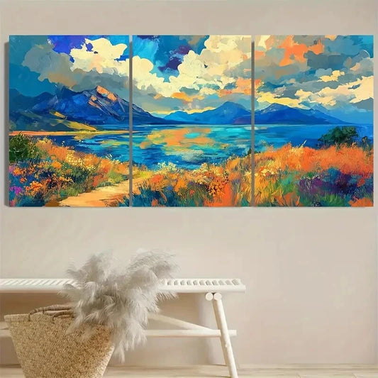 3pcs Vibrant Lake with Mountain View Scenery Metal Print Ready to Hang Art
