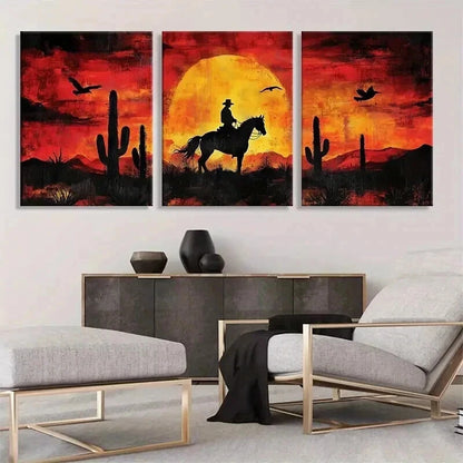 3pcs Western Cowboy Sunset Horse Rider Perfect Wall Art Set Canvas Framed 40x60cm - High Quality Print 100% Australian Made Wall Canvas Ready to Hang
