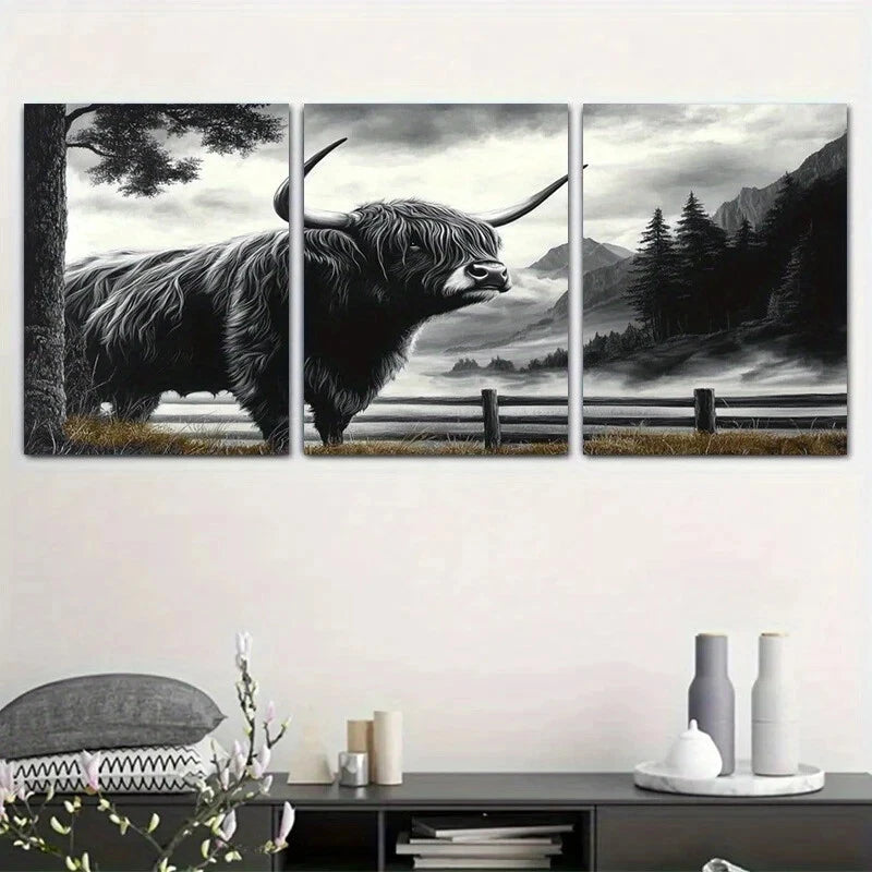 3pcs Tranquil Plateau Cows & Trees Scenery Metal Print Ready to Hang Art