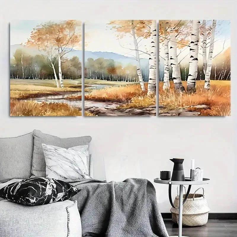3pcs Tranquil Autumn Forest Scene with Birch Trees Metal Print Ready to Hang Art