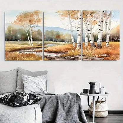 3pcs Tranquil Autumn Forest Scene with Birch Trees Metal Print Ready to Hang Art